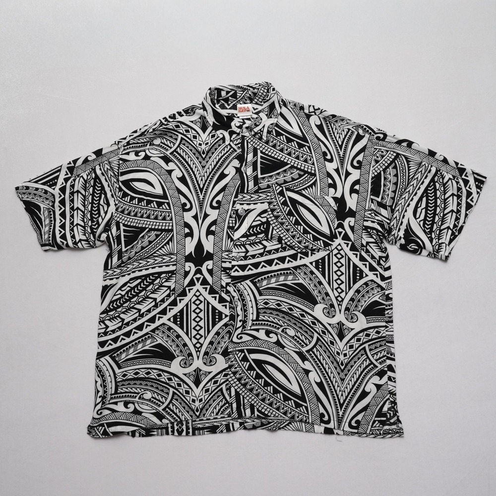 Hula Bay Aloha Shirt Mens XL Black White Polynesian Tribal Rayon Short Sleeve - Picture 2 of 16